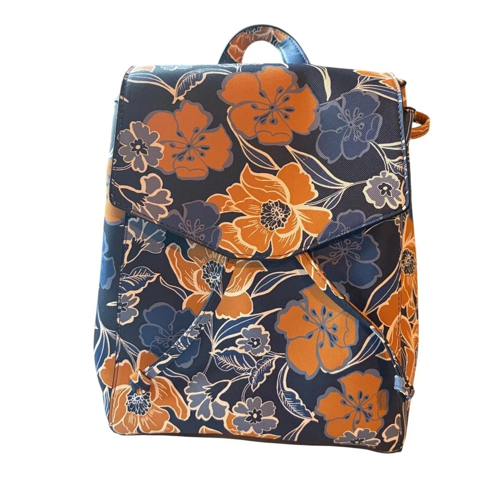 Jacklyn SmithFloral Print Faux Leather Drawstring Backpack Navy Orange Botanical
